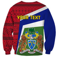 Unisex sweatshirt back with red pattern, blue trim, coat-of-arms and 'YOUR TEXT'