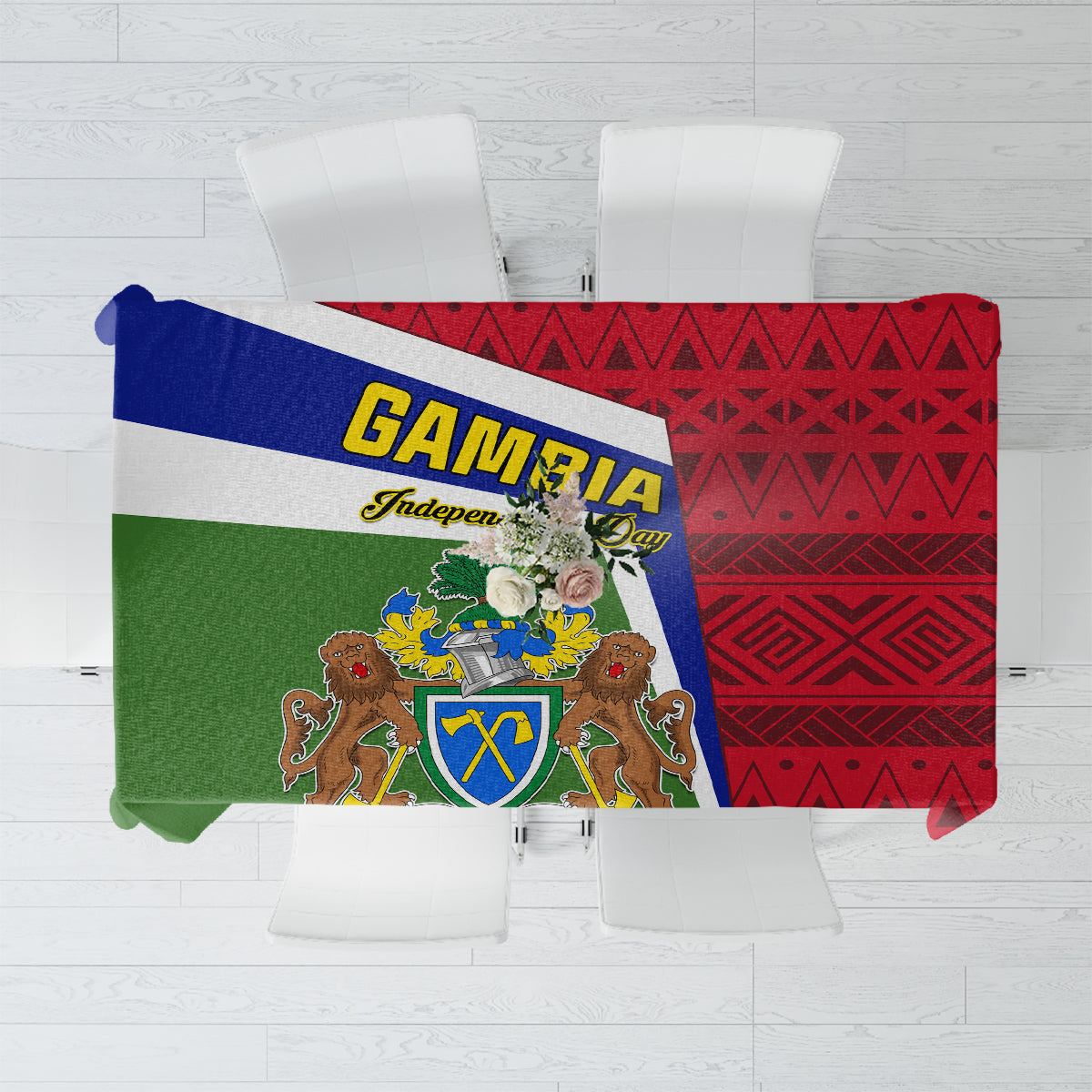 Gambia Independence Day tablecloth with flag coat of arms and red geometric pattern