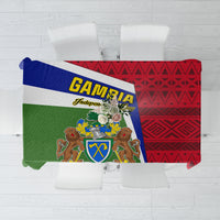 Gambia Independence Day tablecloth with flag coat of arms and red geometric pattern