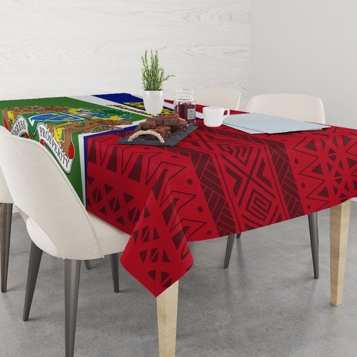Gambia Independence Day tablecloth covering dining table with red geometric design