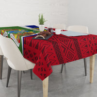 Gambia Independence Day tablecloth covering dining table with red geometric design