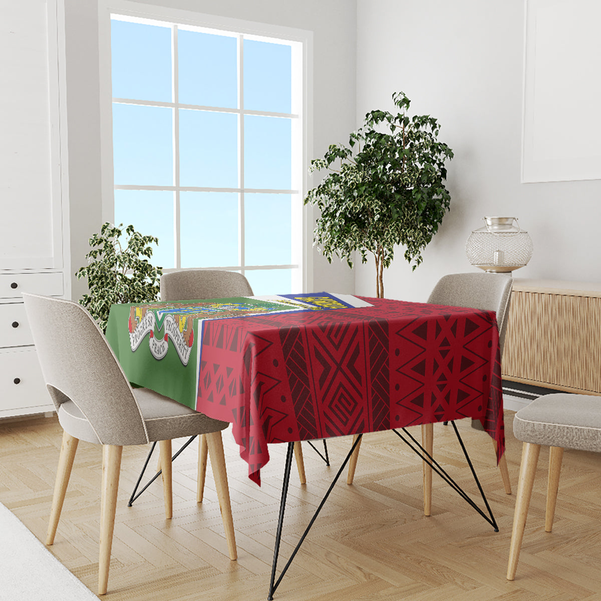 Gambia Independence Day tablecloth on dining table with green left panel and red geometric pattern