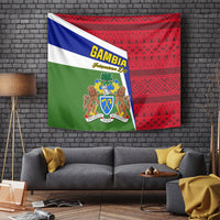 Gambia flag-style tapestry with coat of arms and Independence Day text, red patterned right side