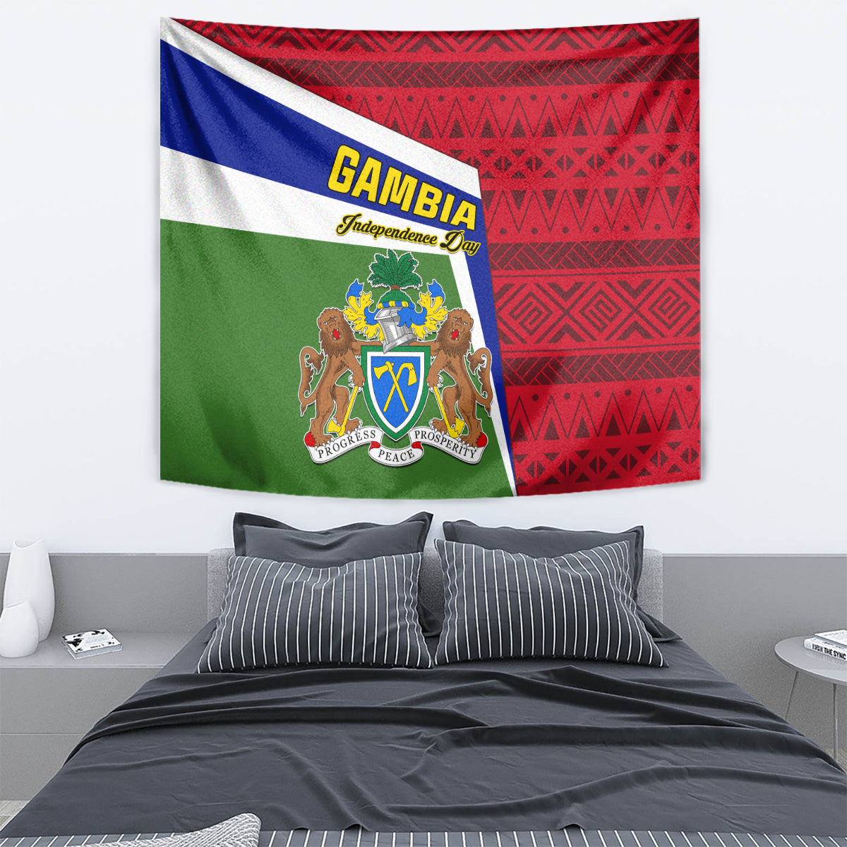 Gambia flag tapestry with yellow GAMBIa lettering, green coat of arms, red geometric pattern