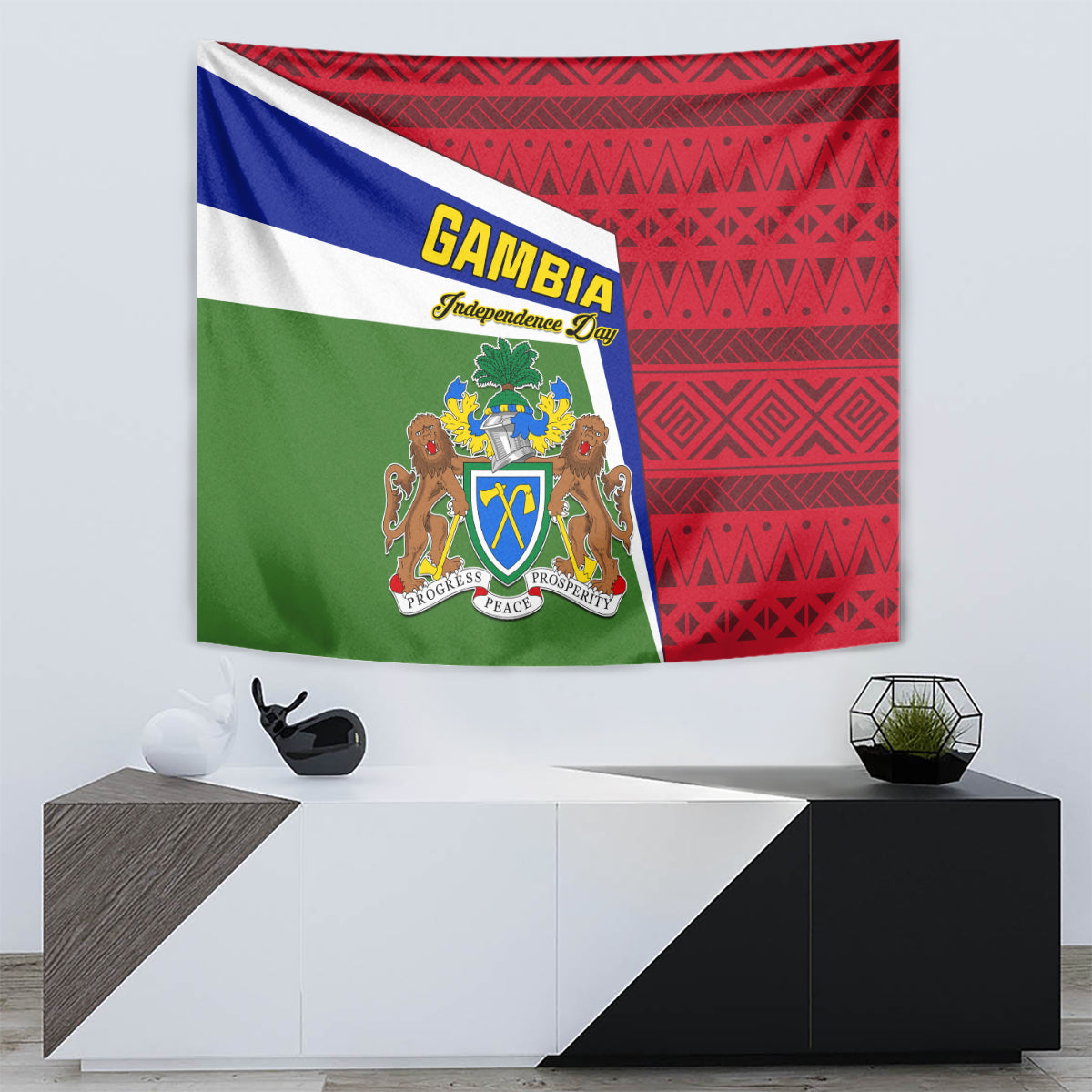 Gambia Independence Day tapestry featuring coat of arms emblem and red patterned section