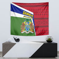 Gambia Independence Day tapestry featuring coat of arms emblem and red patterned section