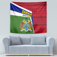 Gambia flag tapestry with coat of arms crest, blue-white stripe, and red patterned panel