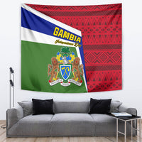 Gambia flag tapestry with coat of arms and “Independence Day” script over green field