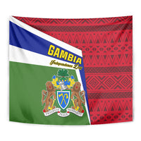 Gambia flag tapestry close-up: GAMBIa text, coat of arms crest, red geometric right panel