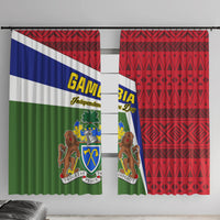 Gambia flag window curtains with red, blue, and green coat of arms pattern panels