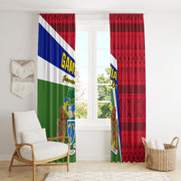 Gambia flag window curtains with crest emblems, red geometric top, and green panel