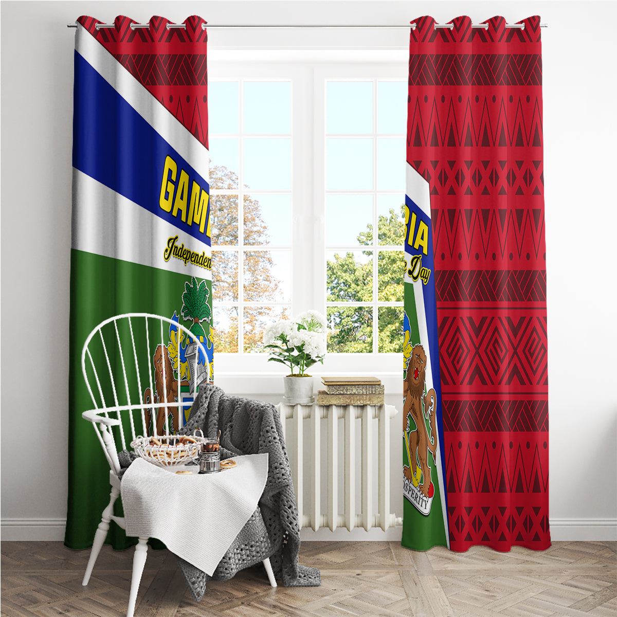 Gambia flag-themed window curtains on a room window with coat of arms details
