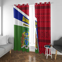 Gambia flag window curtains with red patterned panel and green coat of arms panel