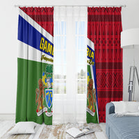 Gambia flag curtains with central white sheer and visible coat of arms on panels