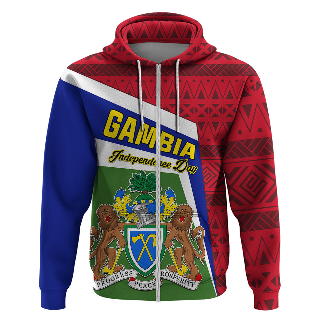 Red and blue Gambia-themed zip hoodie with crest and Independence Day graphic, front view