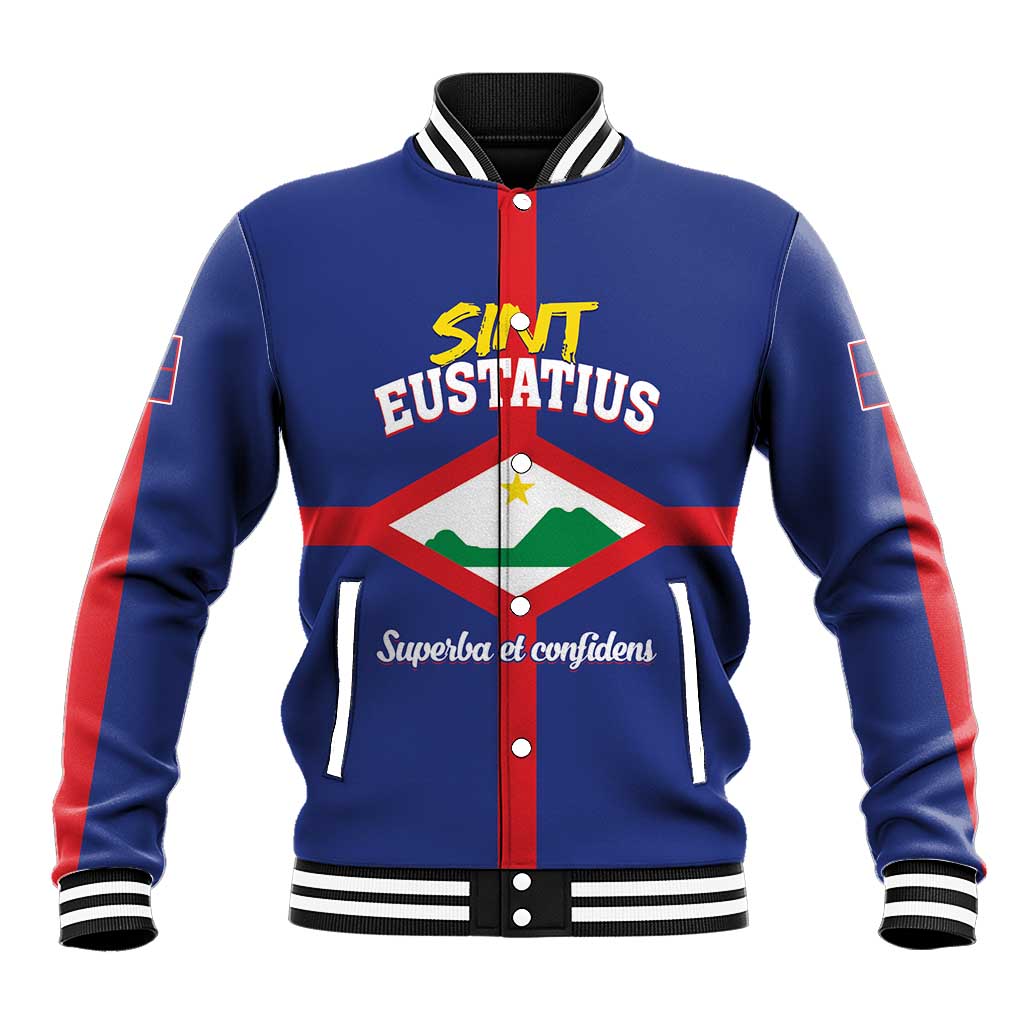 Blue personalized baseball jacket with red center stripe, varsity collar, and front crest graphic