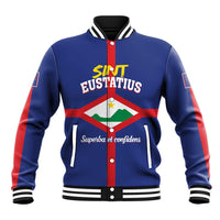 Blue personalized baseball jacket with red center stripe, varsity collar, and front crest graphic