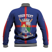 Back view blue personalized baseball jacket with red stripe, striped cuffs, and crest graphic with text