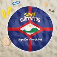 Blue round beach blanket with fringe, Sint Eustatius flag crest and text Superba et confidens