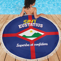Blue circular beach blanket with white fringe, Sint Eustatius crest and Superba et confidens