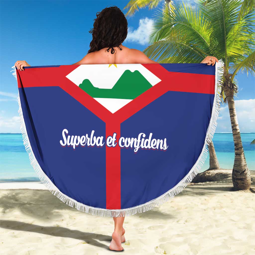 Blue round beach blanket with fringe, Sint Eustatius flag emblem and Superba et confidens