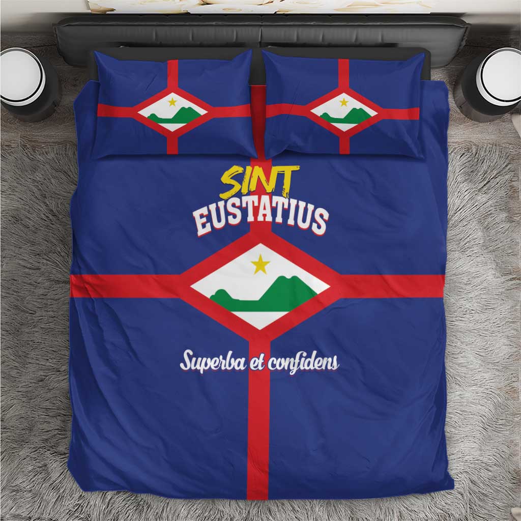 Blue St. Eustatius bedding set with flag emblem and two matching pillowcases.