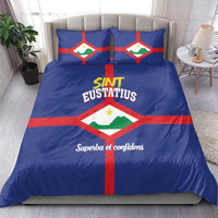 Blue St. Eustatius bedding set featuring a flag-style crest, two pillowcases, and duvet.