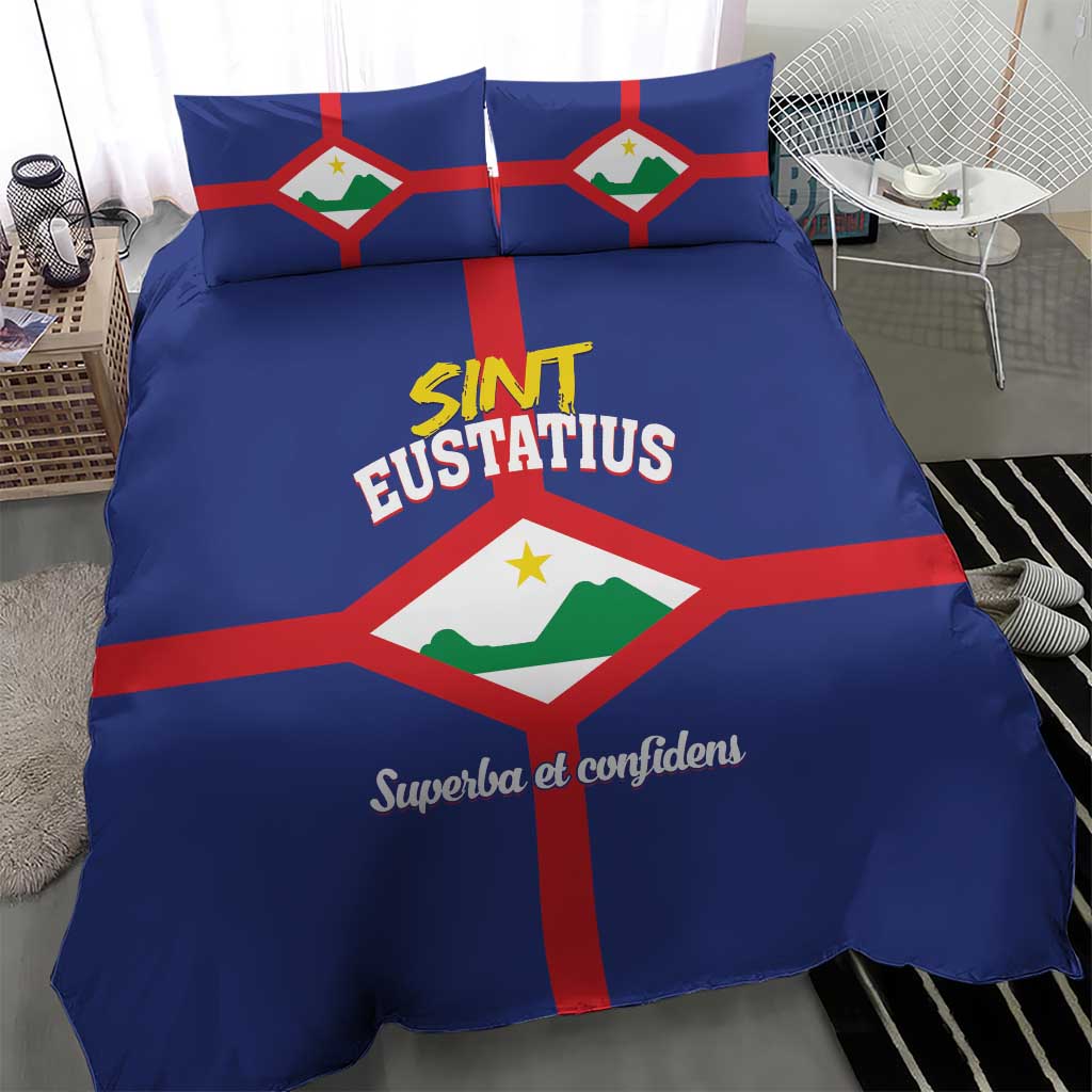 Blue duvet and two pillowcases with St. Eustatius flag cross design and crest.