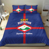 Blue St. Eustatius bedding set with crest logo, two pillowcases, and flag stripe cross.