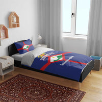 Blue St. Eustatius bedding set with duvet and two pillowcases, flag cross and crest.