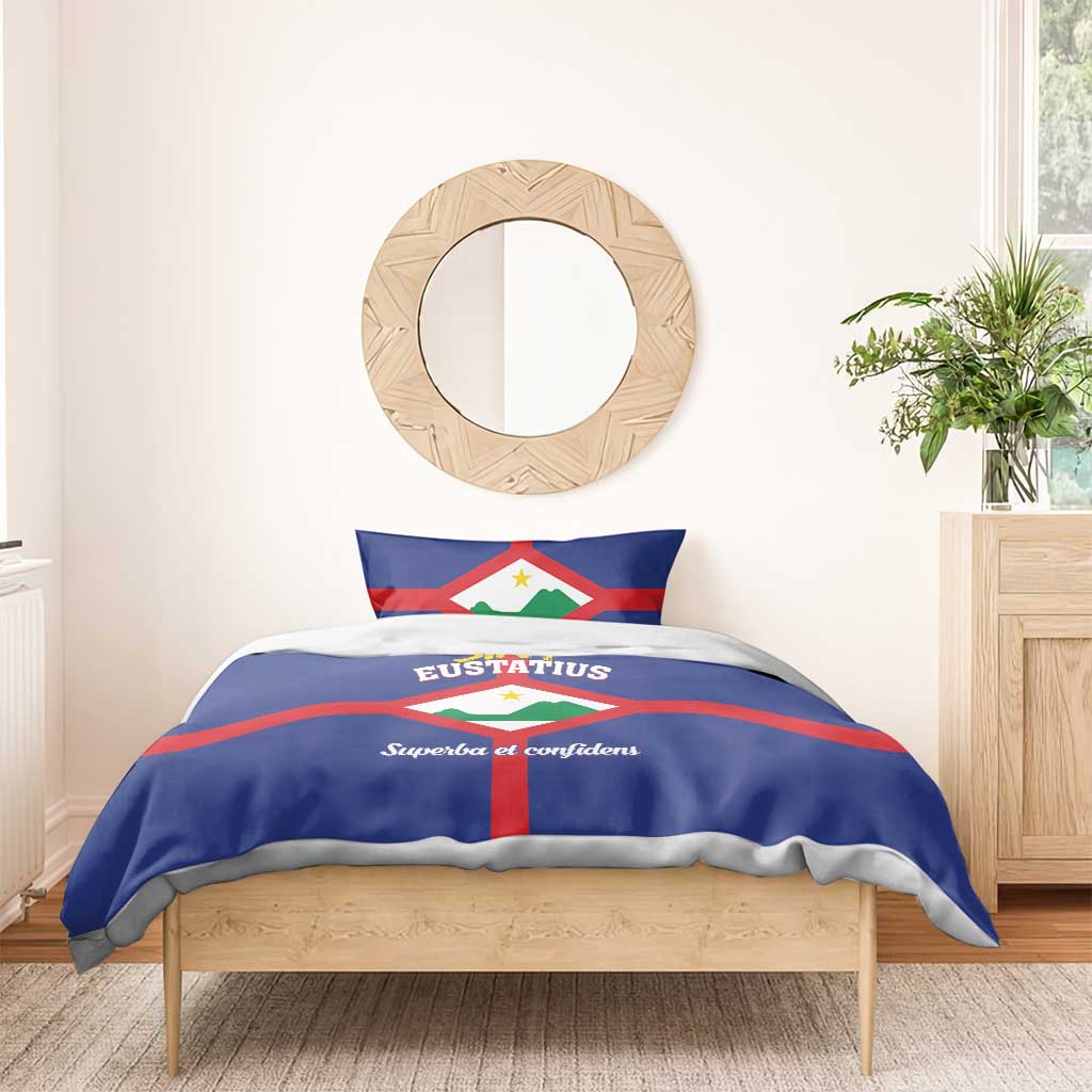 Blue St. Eustatius duvet cover and two pillowcases with flag cross crest.