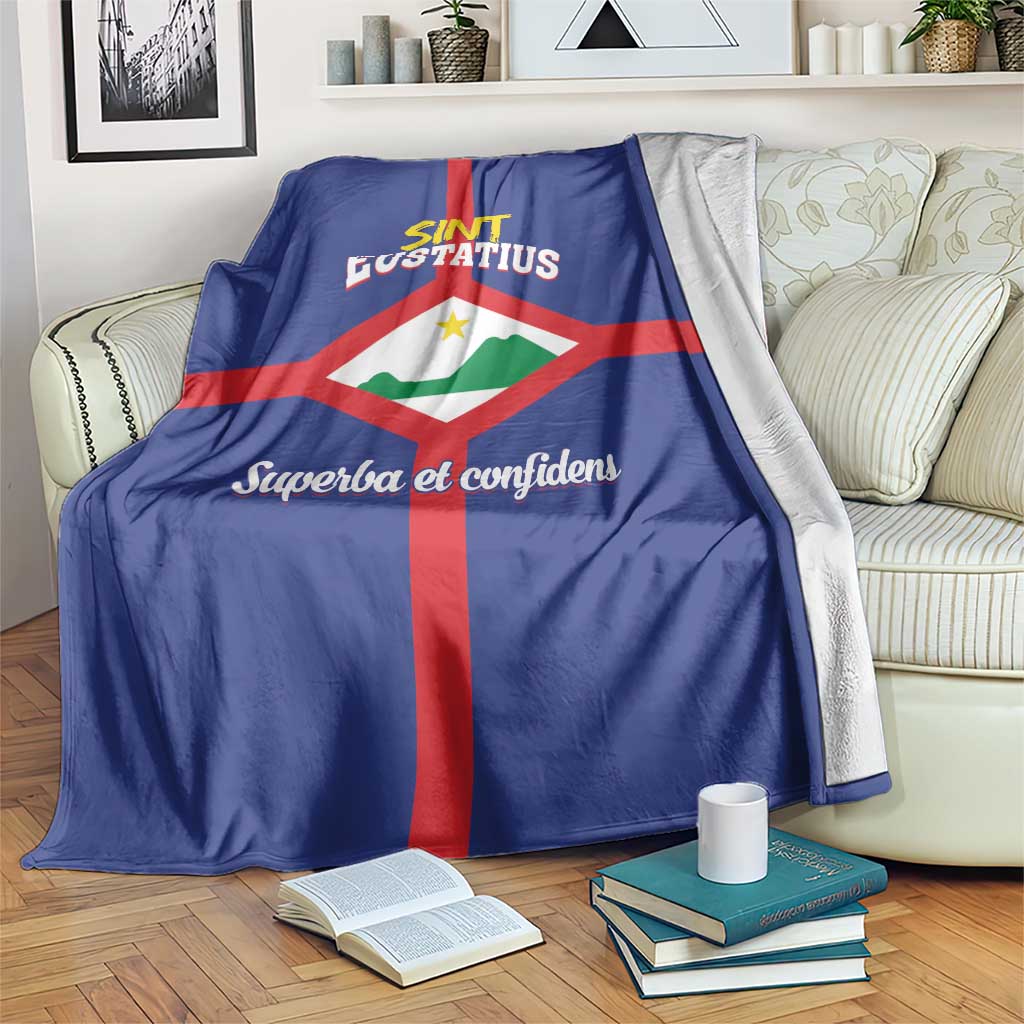Blue Sint Eustatius flag throw blanket with red cross and 'Superba et confidens'.