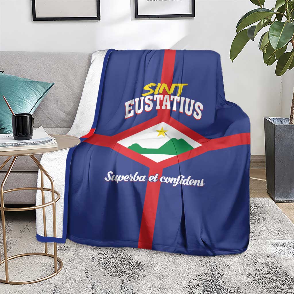 Blue Sint Eustatius flag blanket with red cross and 'Superba et confidens' lettering.