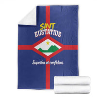 Blue Sint Eustatius flag blanket with red cross, 'Sint Eustatius' emblem and text.