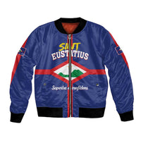 Blue satin bomber jacket with full zip, ribbed cuffs, and front Sint Eustatius crest graphic