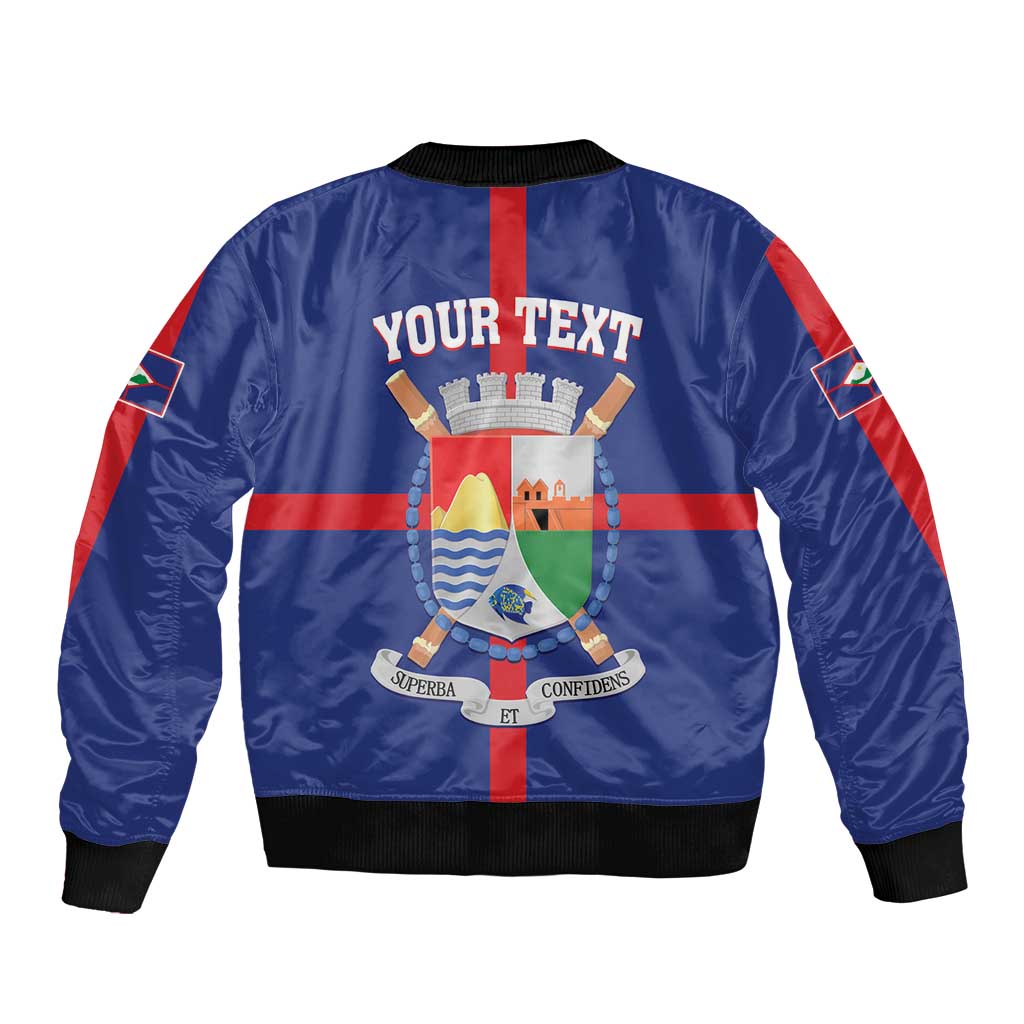 Blue bomber jacket with red stripe sleeves, ribbed cuffs, and back crest with “YOUR TEXT”