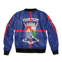 Blue bomber jacket with red stripe sleeves, ribbed cuffs, and back crest with “YOUR TEXT”