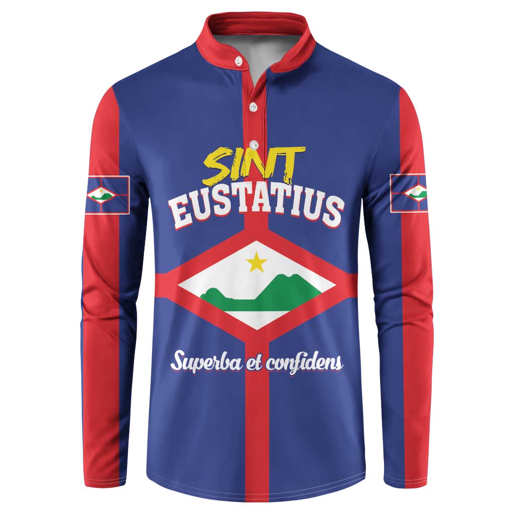 Blue button sweatshirt with red stand collar and Sint Eustatius crest on front