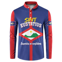 Blue button sweatshirt with red stand collar and Sint Eustatius crest on front