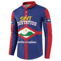 Blue button sweatshirt with red trim, Sint Eustatius crest and flag sleeve patches