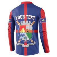 Blue button sweatshirt back with "YOUR TEXT" and coat-of-arms hands shield graphic