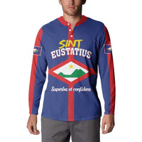 Blue button sweatshirt with red stand collar, Sint Eustatius front crest and script text