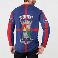 Blue button sweatshirt back with "YOUR TEXT" over detailed coat-of-arms shield graphic