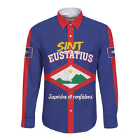 Blue long-sleeve button shirt with red contrast collar, front graphic emblem