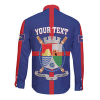Blue long-sleeve button shirt with red contrast panels, back graphic with space for text