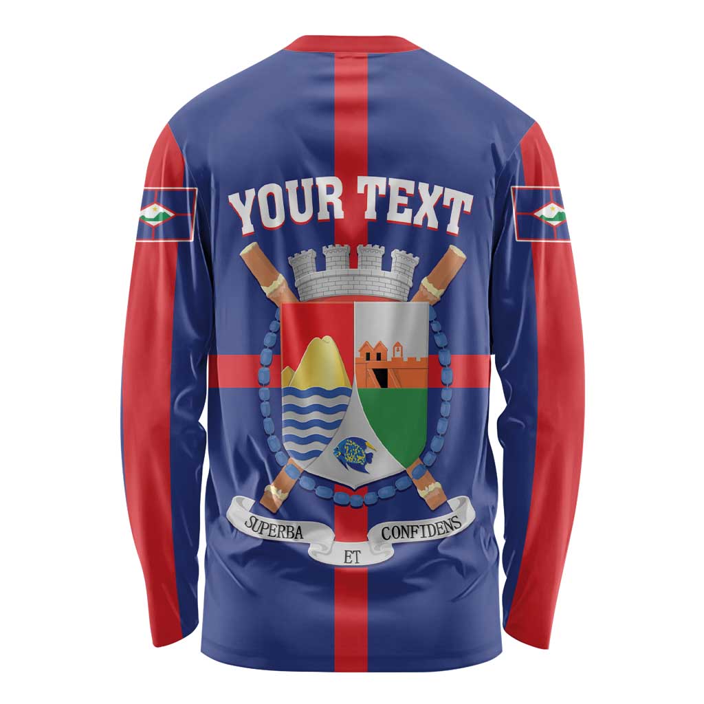 Personalized long-sleeve shirt in blue with red sleeves and back crest graphic