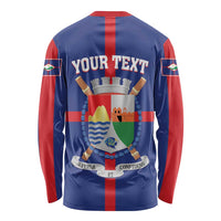 Personalized long-sleeve shirt in blue with red sleeves and back crest graphic