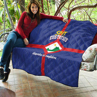 Blue quilt with Sint Eustatius flag center: red cross, white diamond, quilted pattern