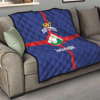 Blue quilt blanket with red cross and white diamond flag, “Sint Eustatius” printed