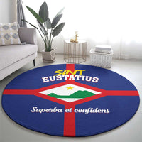 Round blue rug with red cross, green-white shield, 'Eustatius' and 'Superba et confidens'